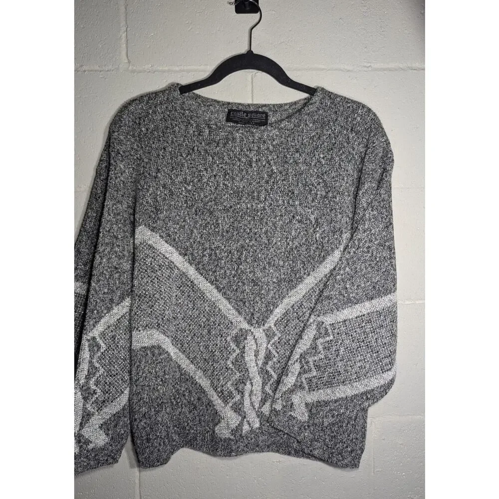 Vtg Castle Square knit sweater Sz M silver Grunge 80s 90s unisex allover pattern